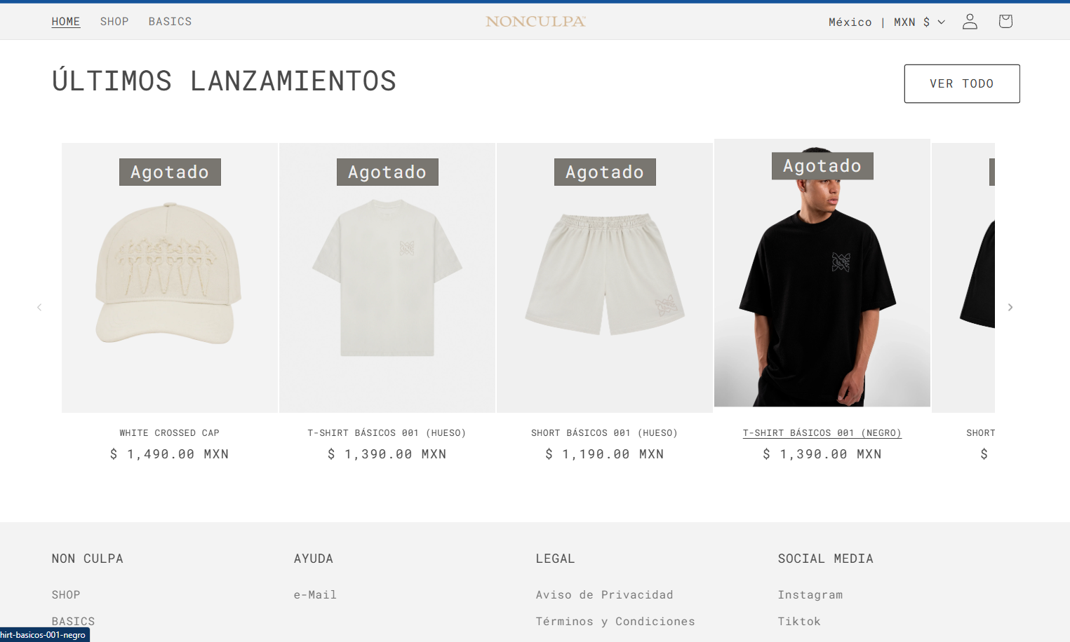 Sección de últimos lanzamientos de la tienda Non Culpa con gorra, playeras y shorts agotados